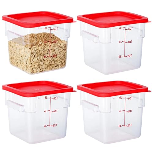 4 Pack Food Storage Containers, 6 Quart with Lids, Square Commercial Containers with Scale, NSF, Polycarbonate, Clear