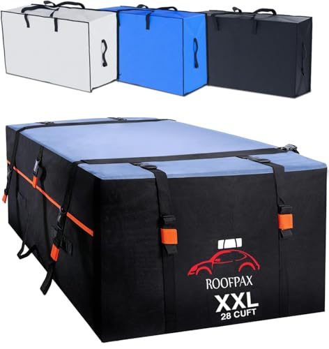 RoofPax XXL 28 cuft Car Rooftop Cargo Carrier Bag Extra Waterproof Car Roof Storage with 10 Heavy Duty Tie Down Straps and 4 Hooks Roof Bag Cargo Carrier for Top of Vehicle with/Without Rack - size: 28 cubic feet