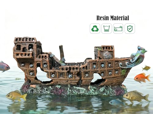 Aquarium Shipwreck Decoration,Pirate Ship Ornament Made of Resin, Eco-Friendly Sunken Ship Accessory for Freshwater & Saltwater Tanks