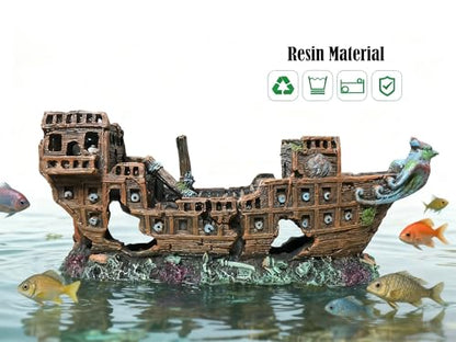 Aquarium Shipwreck Decoration,Pirate Ship Ornament Made of Resin, Eco-Friendly Sunken Ship Accessory for Freshwater & Saltwater Tanks
