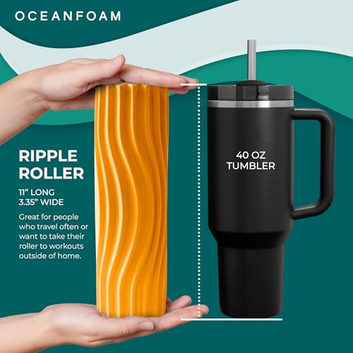 Oceanfoam Ripple Travel Foam Roller (11" x 3.35") Firm Mini Foam Roller for Physical Therapy, Deep Tissue Massage, Back Pain - High Density, Ergonomic Wave Textured - Yoga, Pilates, Exercise (Gold) - color: Gold