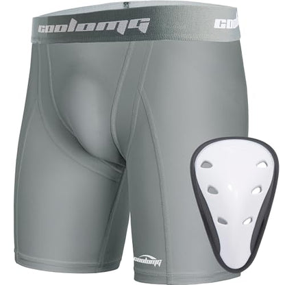 COOLOMG Youth Boys Compression Shorts with Athletic Cup Baseball Football - color: Light Gray, size: X-Small