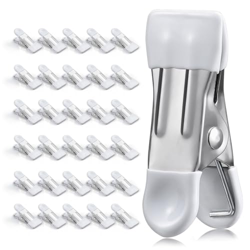 Clothes Pins Heavy Duty Out Door 30 Pack,Chip Clips 2.17 Inch, Bag Clips, Clothespins,Chip Clips Bag Clips Food Clips for Laundry, Bag Clips for Food Clips for Hanging Stainless Steel(White) - color: White