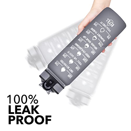 Hyeta Water Bottle with Straw & Time Marker, Plastic 32oz Leakproof - color: Grey Matte