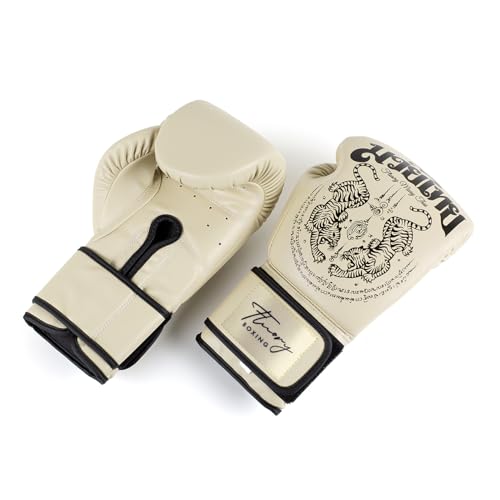 Boxing Gloves, Symmetrical Design with Two Tigers, Training Gloves - color: Beige, size: 12-oz