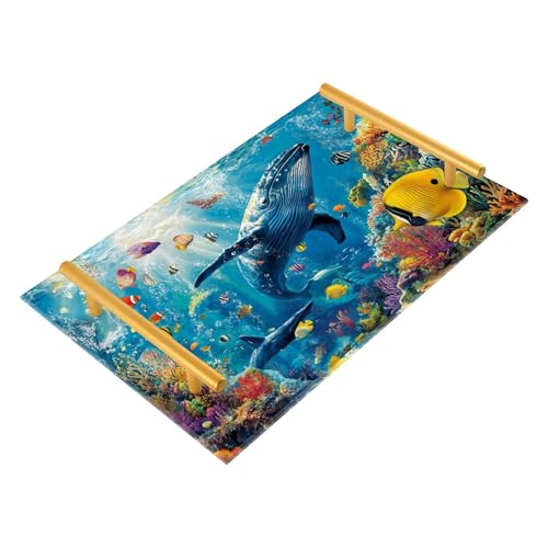 Bathroom Vanity Tray Counter Organizer, Whale and Vibrant Tropical Fish Underwater Decorative Tray with Handles Countertop Storage for Bathroom Bedroom Kitchen Home