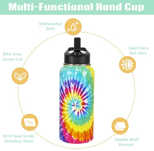 Tie-Dye Water Bottle with Straws Summer Insulated Bottles Travel Thermal Double Walled Vacuum Cup Leak Proof Stainless Steel Tumbler Tie-Dye Lovers Decor Gifts-32 oz - color: Cyan blue yellow