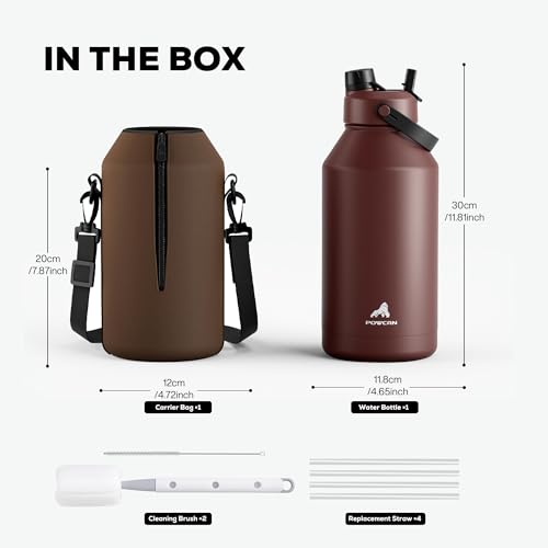POWCAN 64 oz Insulated Water Bottle with Carrier Bag, Leakproof, Straw and Spout Lid, Keep Cold 48H, Cleaning Brush, BPA-Free, Stainless Steel Water Bottle for Travel, Sports and Picnic (Cocoa) - color: Cocoa