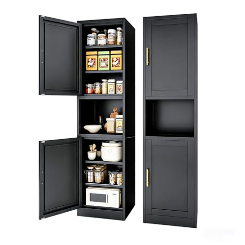 67" H Metal Tall Narrow Storage Cabinet, Freestanding Floor Cabinet with 2 Doors and Adjustable Shelves, Pantry Storage Cabinet for Bathroom, Living Room, Entryway and Kitchen (Black) - color: Black, size: 15.75W
