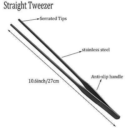 2PCS Aquarium Tweezers Stainless Steel Straight and Curved Tweezers Set Long Handle Reptile Feeding Tongs for Aquatic Plants Lizards Spider Snakes Garden Repairing - 10.6inch, Black