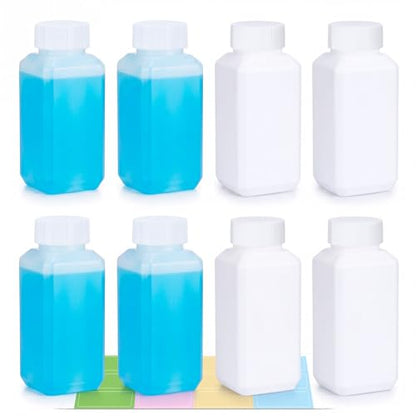 DEMORA 3.4oz Small Square Plastic Travel Bottles, Reusable Leak Proof Liquid Containers with Caps and Stickers for Pill, Water, Juice（4 Translucent & 4 White, 8 Pcs）