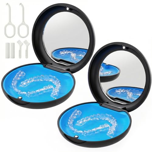 2 Pack Retainer Case with Mirror, Aligner Case Compatible with Invisalign - color: 2 Pack - Black with Mirror