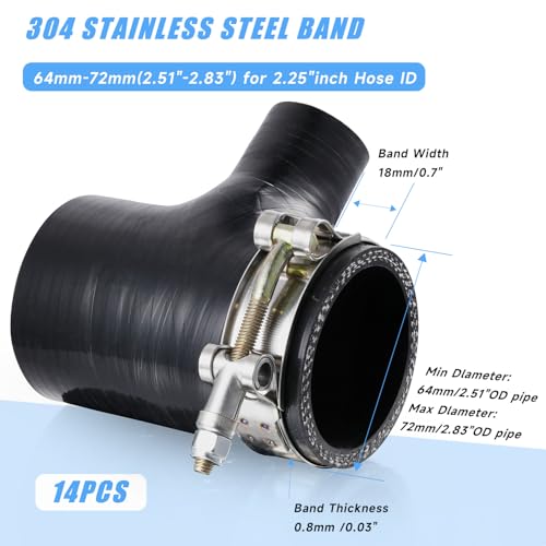 14Pack 2.25" T Bolt Hose Clamps - 304 Stainless Steel Turbo Intake Clamp for Turbo Tubes, Intercooler Pipes, Heavy Duty Radiator Hose Clamps Adjustable Range 64mm-72mm for 2.25" Hose ID - size: 2.50 - 2.83 inches, style: 14pcs t bolt hose clamp