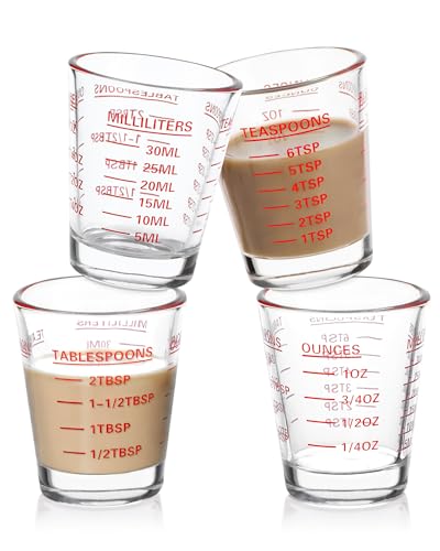 Shot Glasses Measuring Cup Set 4PACK Espresso Shot Glasses Liquid Heavy Glass 26-Incremental Measurement 1 OZ, 2 TBS, 6 TSP, 30 ML Kitchen Tools (Red) - color: 4 Pack-Red