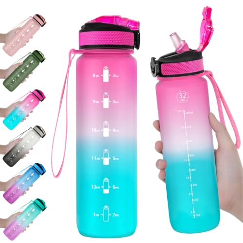 EYQ 32oz Water Bottle with Straw, Time Marker, Blue Purple - color: 2.Fuschia/Green Gradient