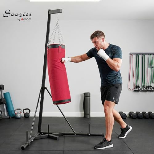 Soozier Punching Bag with Stand for Adults 72.8" 90.9" | Freestanding Boxing Stand, Canvas Sandbag, Stable Triangular Base, 1" Weight Plate Storage, Home Gym MMA, Height Adjustable