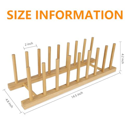 Bamboo Dish Racks 8 Slots,Wooden Plate Organizer for Cabinet Space Saver, Dish, Pots, Lids, Bowls, Cups,Cutting Boards and Books Storage (Box Included)