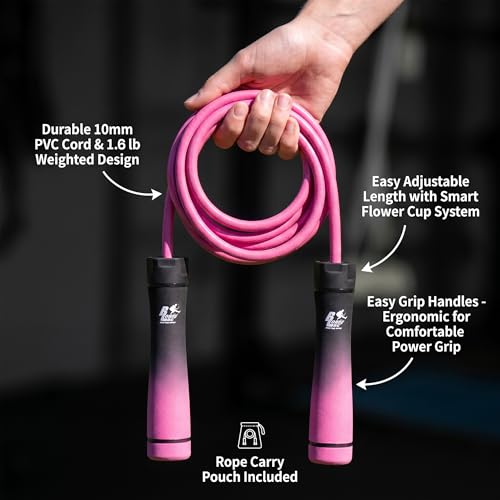 Buddy Lee Weighted Jump Rope 1.6 lbs – Heavy Duty PVC Fitness Jump Rope for Adults with Adjustable Length & Carry Pouch - color: Black/Pink