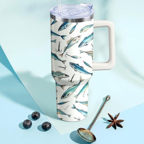 40oz Fishing Tumbler with Handle and Straw, Stainless Steel Insulated Cup with Lid and Straw, Travel Coffee Mug Water Bottle, Birthday Mothers Day Gifts for Women Men Fish Lovers