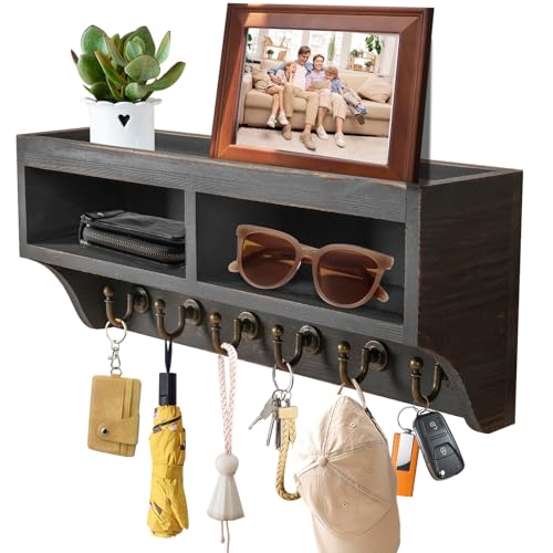 Key Holder Wall Mount with Mail Organizer, 6 Hooks & Shelf, Black - color: Black