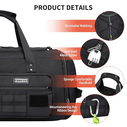 WITZMAN Duffle Bag for Men 3 in 1 Convertible 45L Nylon Gym Travel Backpack | Multi-pockets with Shoe Compartment and Dry-wet Pocket, One Duffel Bag for Sports, Weekender, Overnight, B693 Black - color: Black