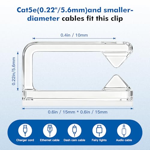 60Pcs Cable Clips, Small, Clear, Adhesive Wire Clips, Cable Management Wire Organizer Cord Holder for Under Desk, Car, Wall, TV PC Ethernet Cable