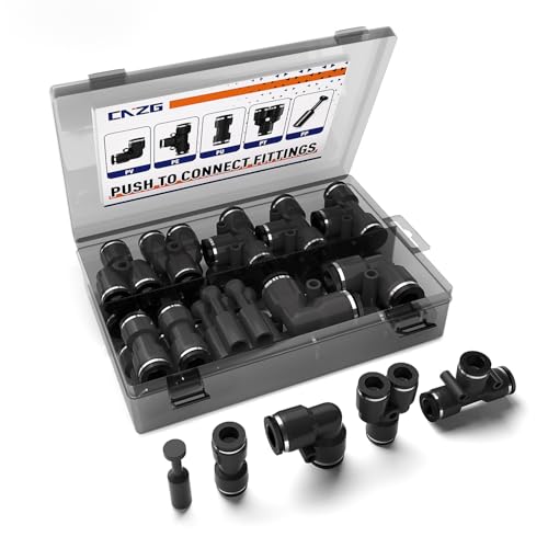 25pcs 3/8" Push to Connect Fittings, 3/8 inch OD Dot Air Line Fittings Pneumatic Air Hose Tubing Quick Connects Kit (Tee, Straights, Elbow, Splitters,Plugs) - size: 3/8"OD