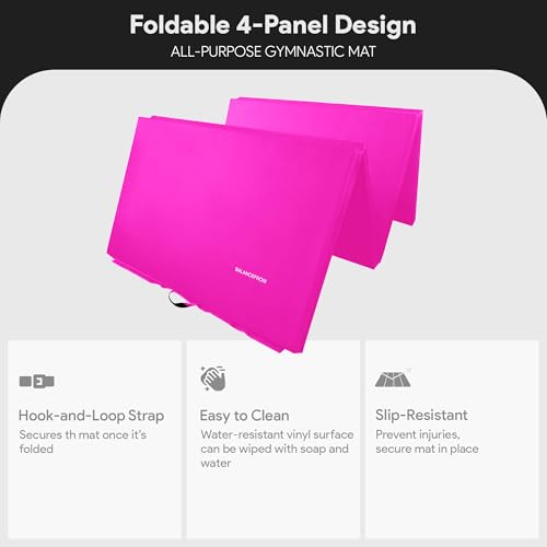 BalanceFrom 6x4 Feet 4-Panel Folding Gymnastics Mat – 2-Inch Thick Pad with Vinyl Surface and Carrying Handles for Tumbling, Yoga, Pilates, Home Workouts, and Martial Arts - color: Pink