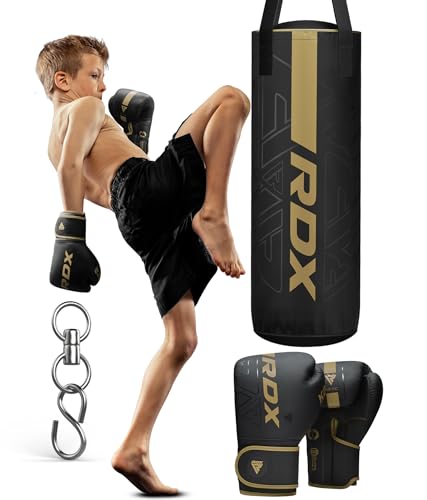 RDX Kids Unfilled Punching Bag Set 2FT, Non Tear Maya Hide Leather Kara Junior Hanging Bag for Kickboxing MMA Muay Thai Taekwondo Karate BJJ Strength Training, Home Gym Equipment - color: GOLDEN