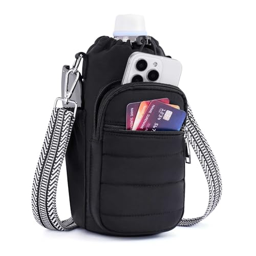 Water Bottle Bag 40 oz Crossbody Holder for Walking Hiking Insulated Carrier Purse with Adjustable Strap - color: Black