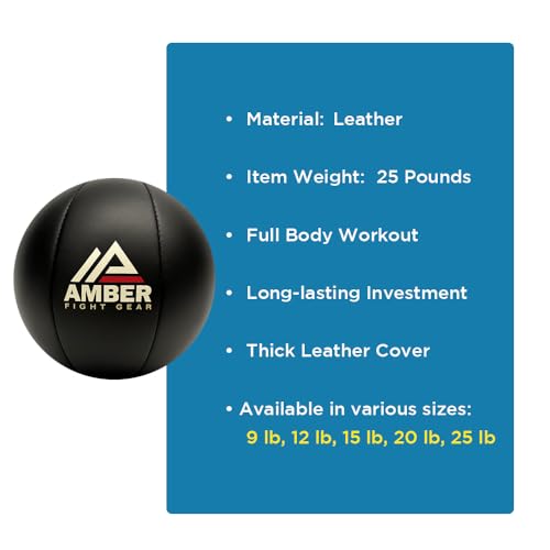 Amber Fight Gear Leather Medicine Ball for Strength & Conditioning, Plyometric & Core Training, Cardio Workouts for Muscle Building, Squats, Lunges, Partner Training, 12lb