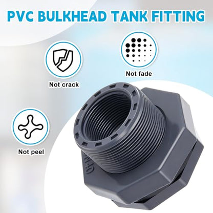 2 Pcs 1-1/2 Inch Bulkhead Fitting PVC Water Tank Connector Plumbing Pipe Threaded Bulkhead Fitting NPT for Rain Barrels, Water Tanks, Aquariums, Tubs, Pools - size: 1-1/2 Inch