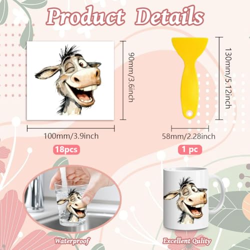 Peacoblue 18 Sheets Rub on Transfers for Crafts, Funny Donkey 3.6"x3.9" UV DTF Cup Wraps Waterproof Rub on Cold Transfers Stickers for Wood Glass Metal Cup Tumblers Mirrors Mugs Home Decor - style: Funny Donkey