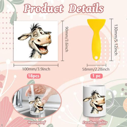 Peacoblue 18 Sheets Rub on Transfers for Crafts, Funny Donkey 3.6"x3.9" UV DTF Cup Wraps Waterproof Rub on Cold Transfers Stickers for Wood Glass Metal Cup Tumblers Mirrors Mugs Home Decor - style: Funny Donkey