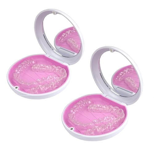 2 Pack Aligner Case with Mirror, Retainer Case for Invisalign - color: 2pcs White Outside Pink Silicone
