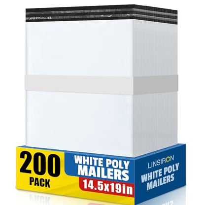 Poly Mailers 14.5x19 Inch 200 Pcs, Large Shipping Bags for Clothing, Waterproof Strong Adhensive Mailing Bags for Small Business, Tear-resistant Mailers Poly Bags Mailing Envelopes White