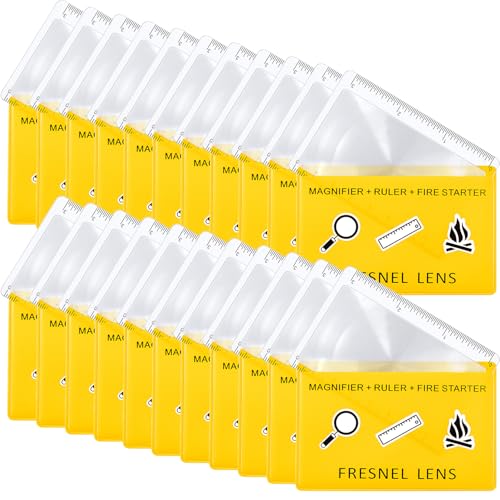 Frienda 50 Pcs Pocket Magnifying Glass 4X Fresnel Lens Credit Card Pocket Magnifier Plastic Ruler Starting Fire Emergency Bushcraft Outdoor Survival Leisure for Classroom Home Office (Yellow) - color: Transparent