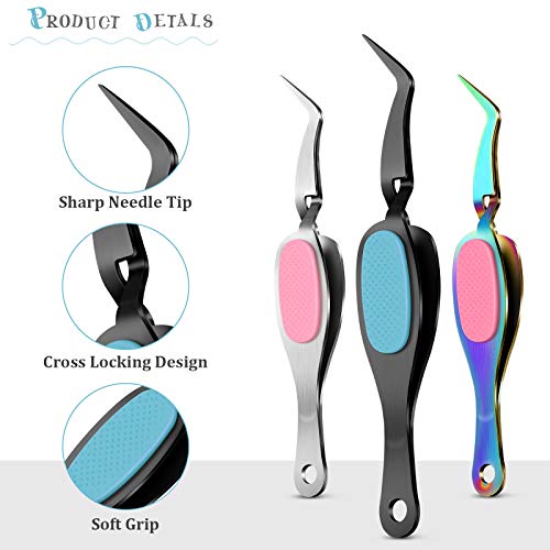 Honoson 3 Pcs Craft Tweezers Cross Locking Precision Curved Tweezers Soft-grip Stainless Steel Tool Pointed Tip Cutting Pliers for DIY Craft Jewelry Eyelash Extensions Nail Beading Tool