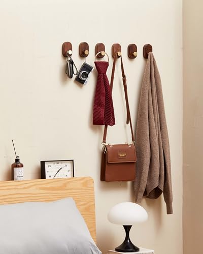 Wood Coat Hooks Wall Mount - Modern Walnut Coat Hook with Brass Accent for Hanging Clothes,Keys,Purse,Robes,Towel,Backpacks, Single Brass Wall Hooks Heavy Duty for Entryway, Closet, Bathroom (6 Pack) - size: HT-6Pack