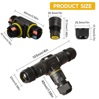 5 PCS IP68 Waterproof Cable Connectors, T-Shape Junction Box 3-Pin Earth Cable Connection Sleeve for Ø5-12mm Cable Diameter, Nylon Material
