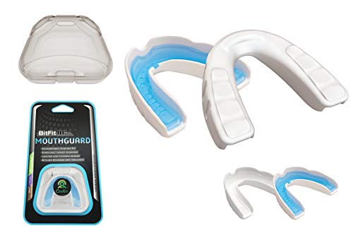 Boil and Bite Mouth Guard DC Custom Fit Sport Mouthpiece for Karate, Martial Arts, Wrestling, Boxing, MMA (Free Case Included!) -Adult Size - color: Blue & White