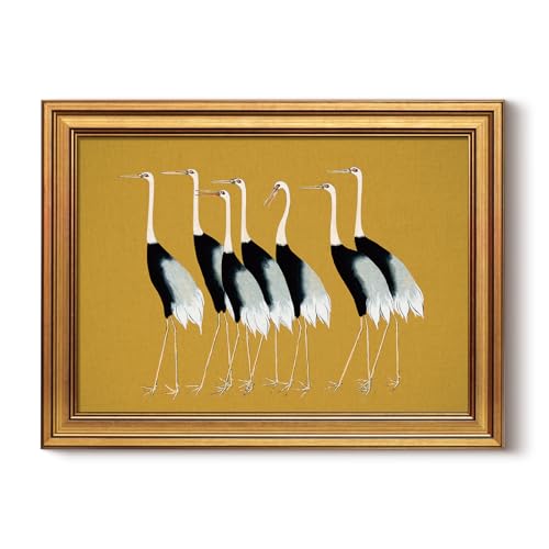 HUARCEY Gold Framed Vintage Wall Art for Living Room, Animals Painting Prints Shelf Decor for Kitchen, Aesthetic Bedroom Wall Art Decor, Christmas Gifts for Friends or Family (Seven Cranes 12"x16") - color: Seven Cranes, size: 16L" x 12W"
