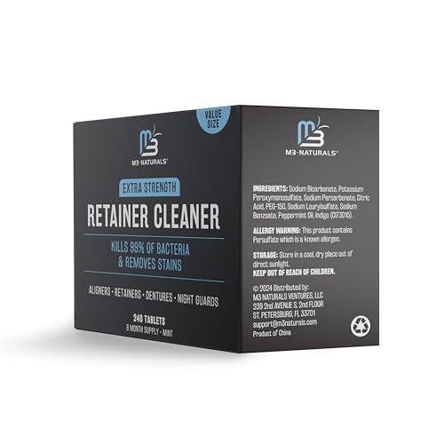 Retainer Cleaner Tablets, Denture Cleaner, Mint, 8 Month Supply by M3 | Compatible with Retainer Cleaner Machine & Ultrasonic Retainer Cleaner, Helps Remove Tough Stains, Buildup, Odors & Plaque - size: 240 Count (Pack of 1)