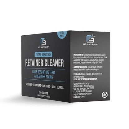 Retainer Cleaner Tablets, Denture Cleaner, Mint, 8 Month Supply by M3 | Compatible with Retainer Cleaner Machine & Ultrasonic Retainer Cleaner, Helps Remove Tough Stains, Buildup, Odors & Plaque - size: 240 Count (Pack of 1)