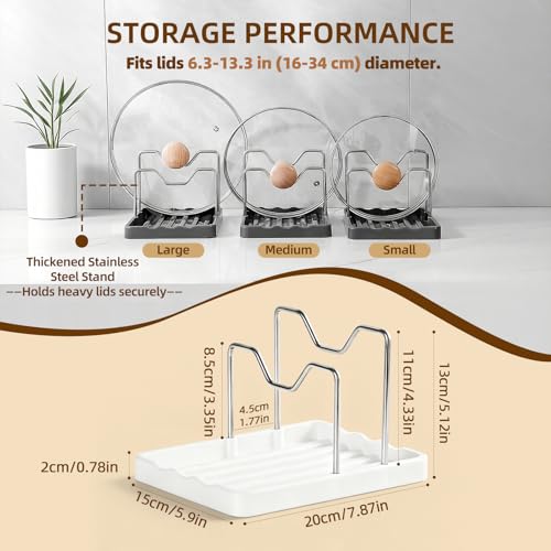 2 in 1 Pot Lid Holder & Spoon Rest for Kitchen Counter, Plastic Utensil Rest with Stainless Steel Pan Lid Holder Organizer While Cooking, Countertop Space Saving Pot Cover Rack | Easy to Clean - color: White- 1 Pack