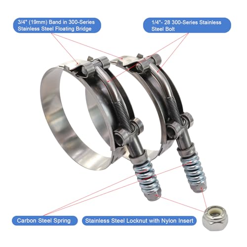 2.75" Heavy Duty T Bolt Hose Clamp Stainless Steel - Spring Loaded 74-82mm for 2.75" I.D. Hose with 3mm - 6mm Wall Thickness, Auto-adjusting Keeps Constant Tension (74mm- 82mm, 2 Pack) - size: 2.75" Hose Clamp 74mm - 82mm (2.90" - 3.23")