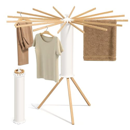 SONGMICS Clothes Drying Rack, Foldable Rotary Tripod, 16 Pull-Out Wood Arms - style: Wood Arms