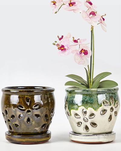 4 Inch Ceramic Orchid Pots with Drainage Holes and Saucers, 2 Pcs Small Planters for Orchids Succulents, Indoor Outdoor Ceramic Flower Pots for Healthy Root Growth (Olive Green, Green Mixed) - color: Olive Green, Green Mixed