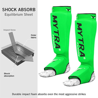 Mytra Fusion Shin Pads Instep Protector Kick Boxing Muay Thai Training Elasticated shin Guards - color: Green, size: Small-Medium