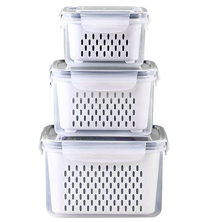 3Pack Fridge Food Storage Container Set with Lids with Strainer, Fruit Vegetable Storage Containers Keep Fruits, Vegetables, Berry, Meat Fresh longer, BPA-Free Plastic Produce Keepers